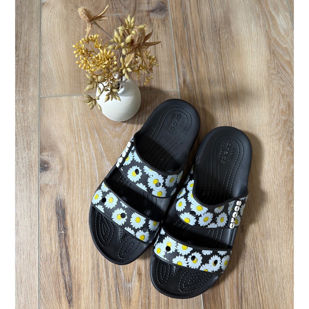 Crocs Classic Sandals Vacay Vibes Daisy Floral Slides Womens 8 Black Two Strap